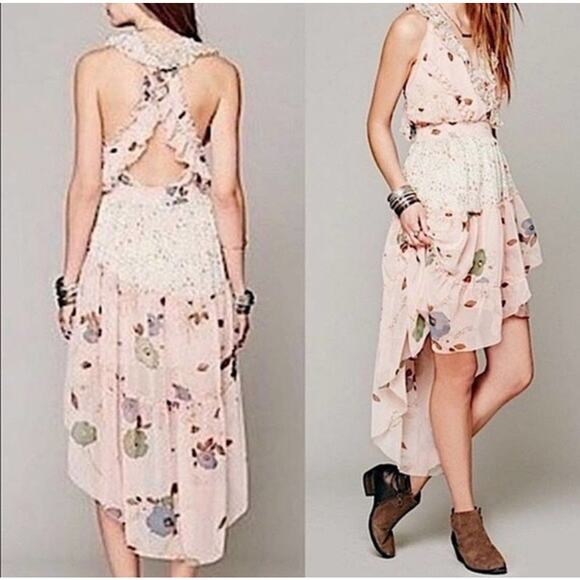 Free People Dresses & Skirts - Women's Free People High-Low Tiered Floral Chiffon Dress Pink, Large, EUC